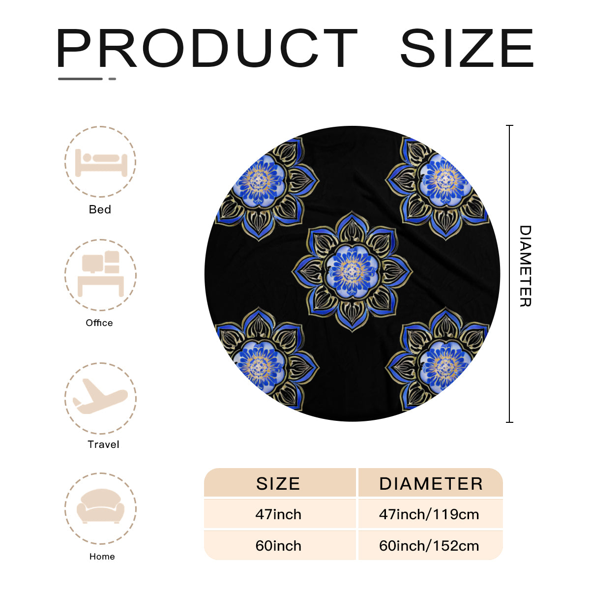 Single-Sided Printed Round Blanket | 280GSM Flannel - 14b - Luxx Mandala