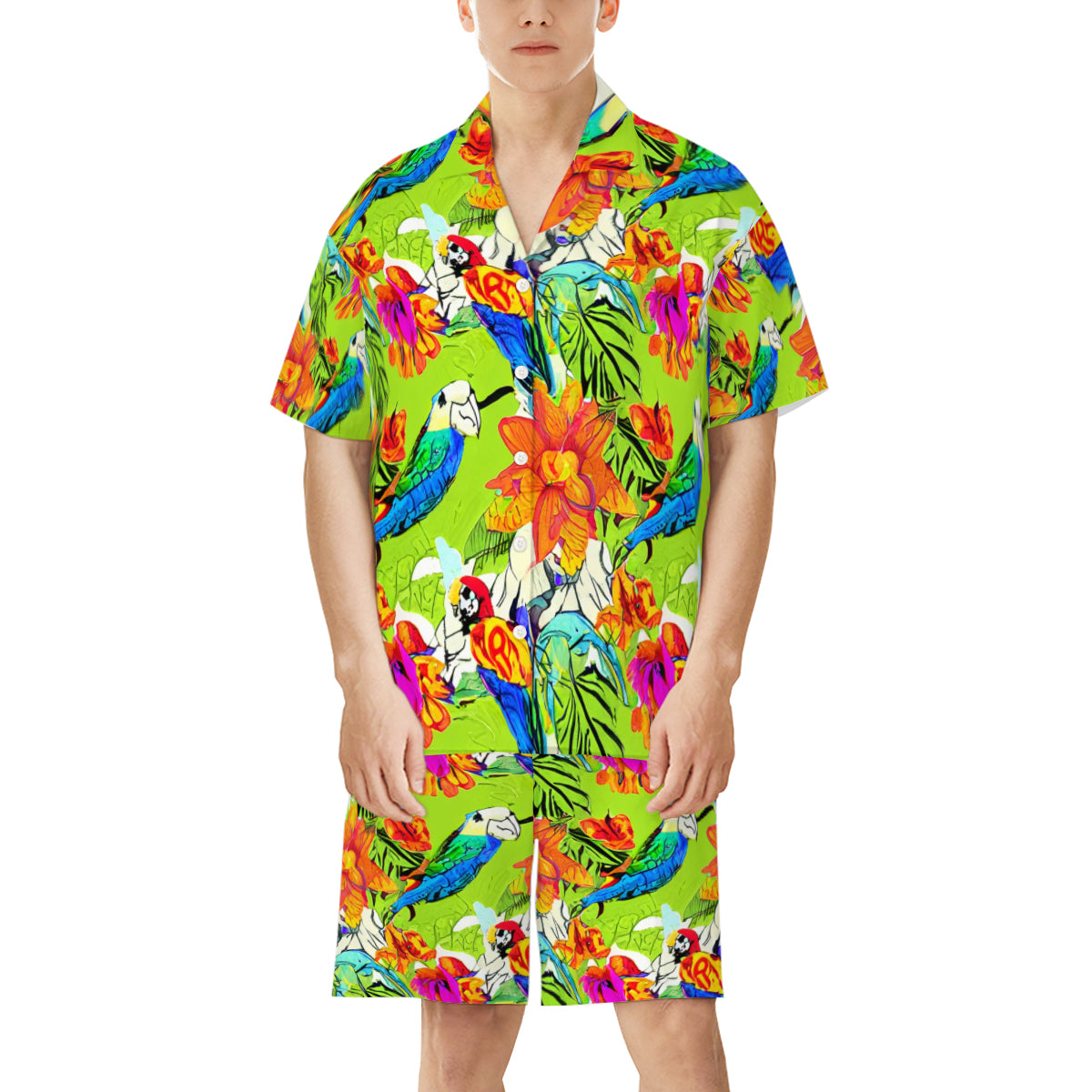 All-Over Print Man's Shirt and Shorts Pajama Set (Multi-faceted Design) | Cotton-Like Polyester - 7 - Abstract Birds