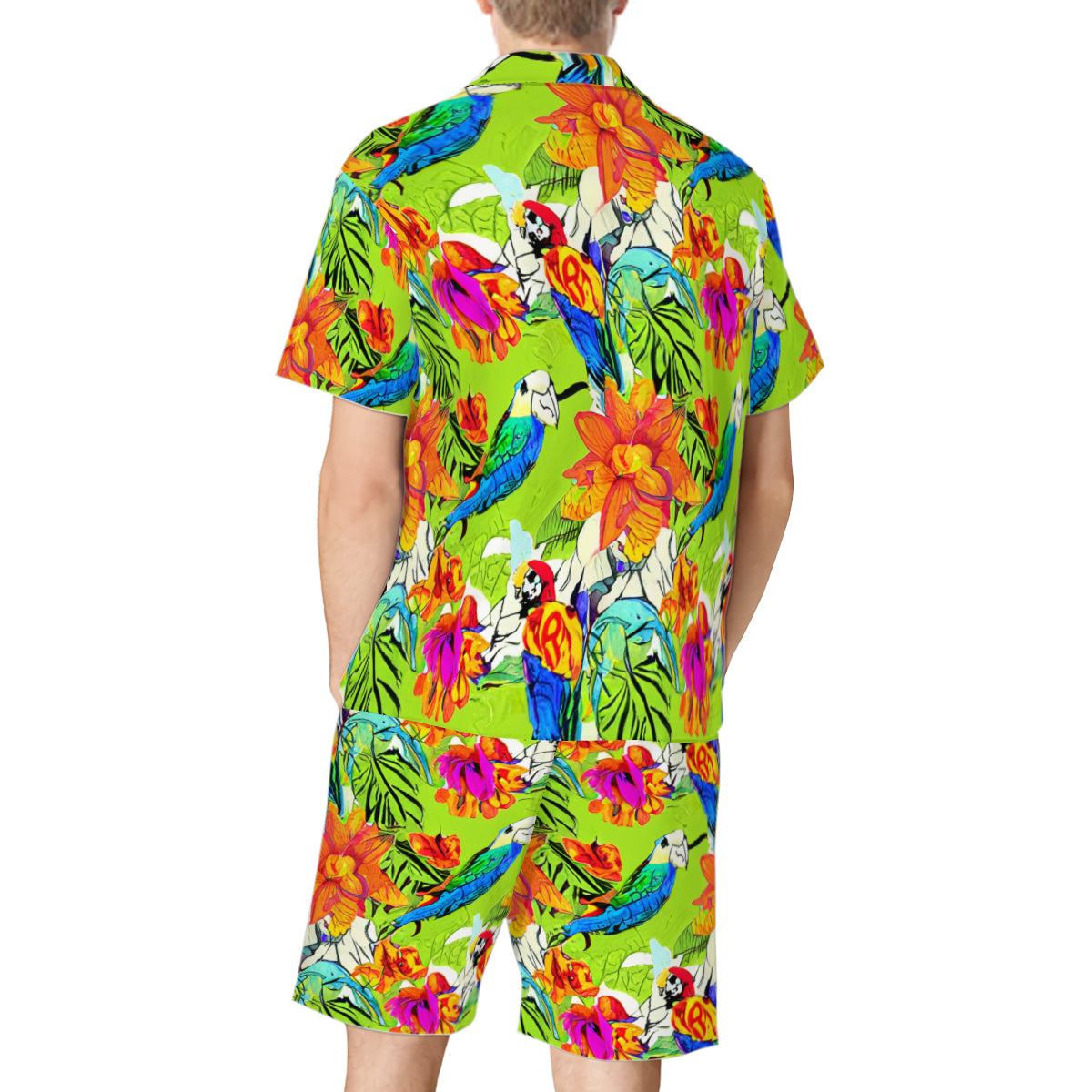 All-Over Print Man's Shirt and Shorts Pajama Set (Multi-faceted Design) | Cotton-Like Polyester - 7 - Abstract Birds