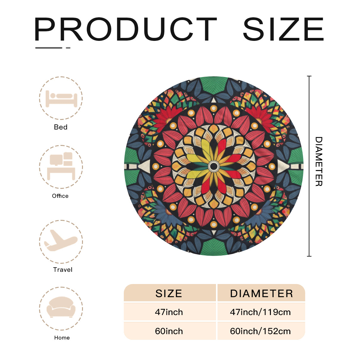 Single-Sided Printed Round Blanket | 280GSM Flannel - 19 - COLORFUL MANDALA