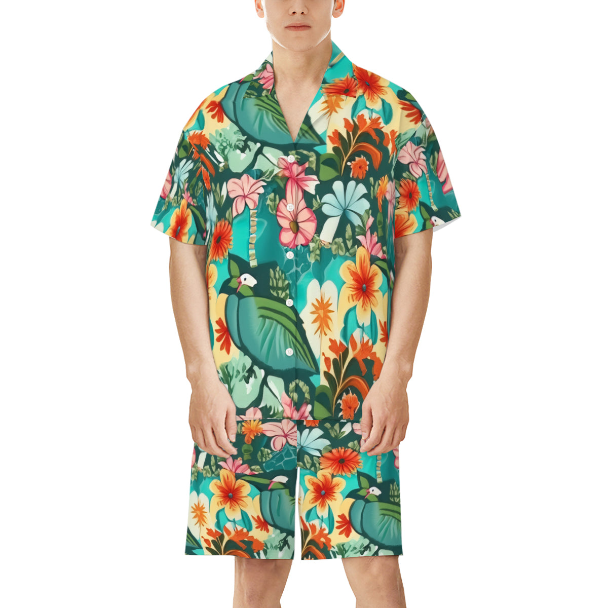 All-Over Print Man's Shirt and Shorts Pajama Set (Multi-faceted Design) | Cotton-Like Polyester - 15 - Abstract Birds