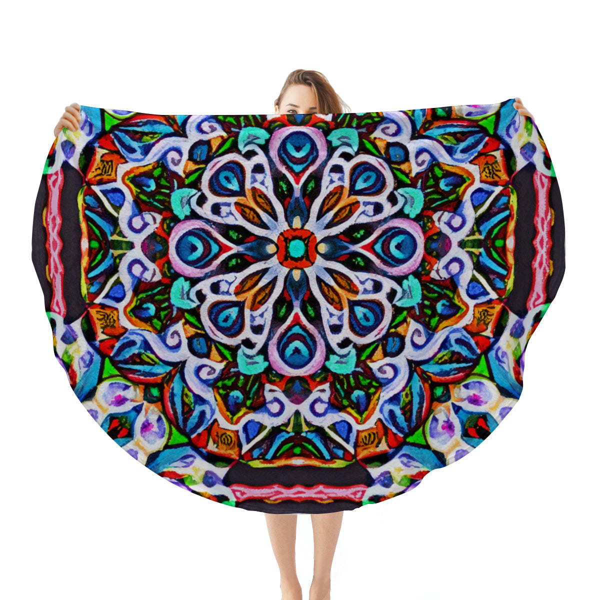 Single-Sided Printed Round Blanket | 280GSM Flannel - 10 - COLORFUL MANDALA