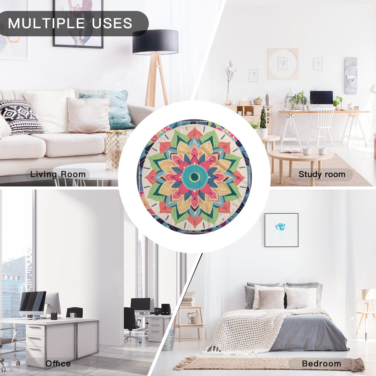 Single-Sided Printed Round Blanket | 280GSM Flannel - 24 - COLORFUL MANDALA