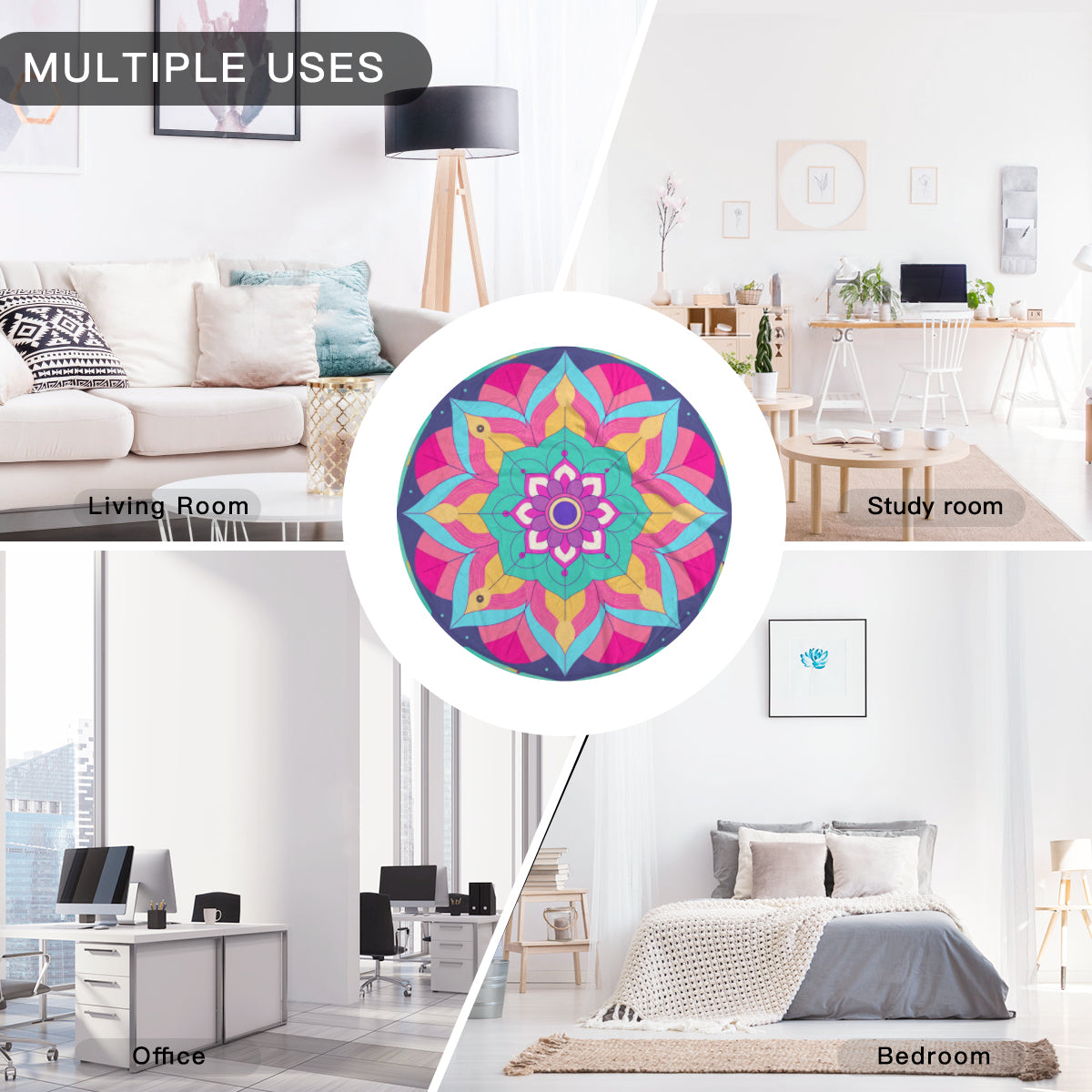 Single-Sided Printed Round Blanket | 280GSM Flannel - 21 - COLORFUL MANDALA