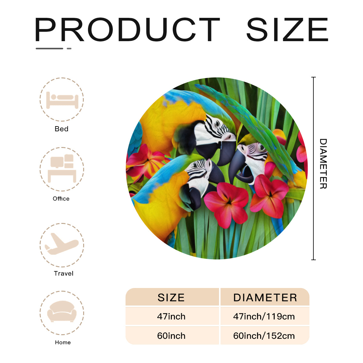 Single-Sided Printed Round Blanket | 280GSM Flannel - 1 - Tropical Bird