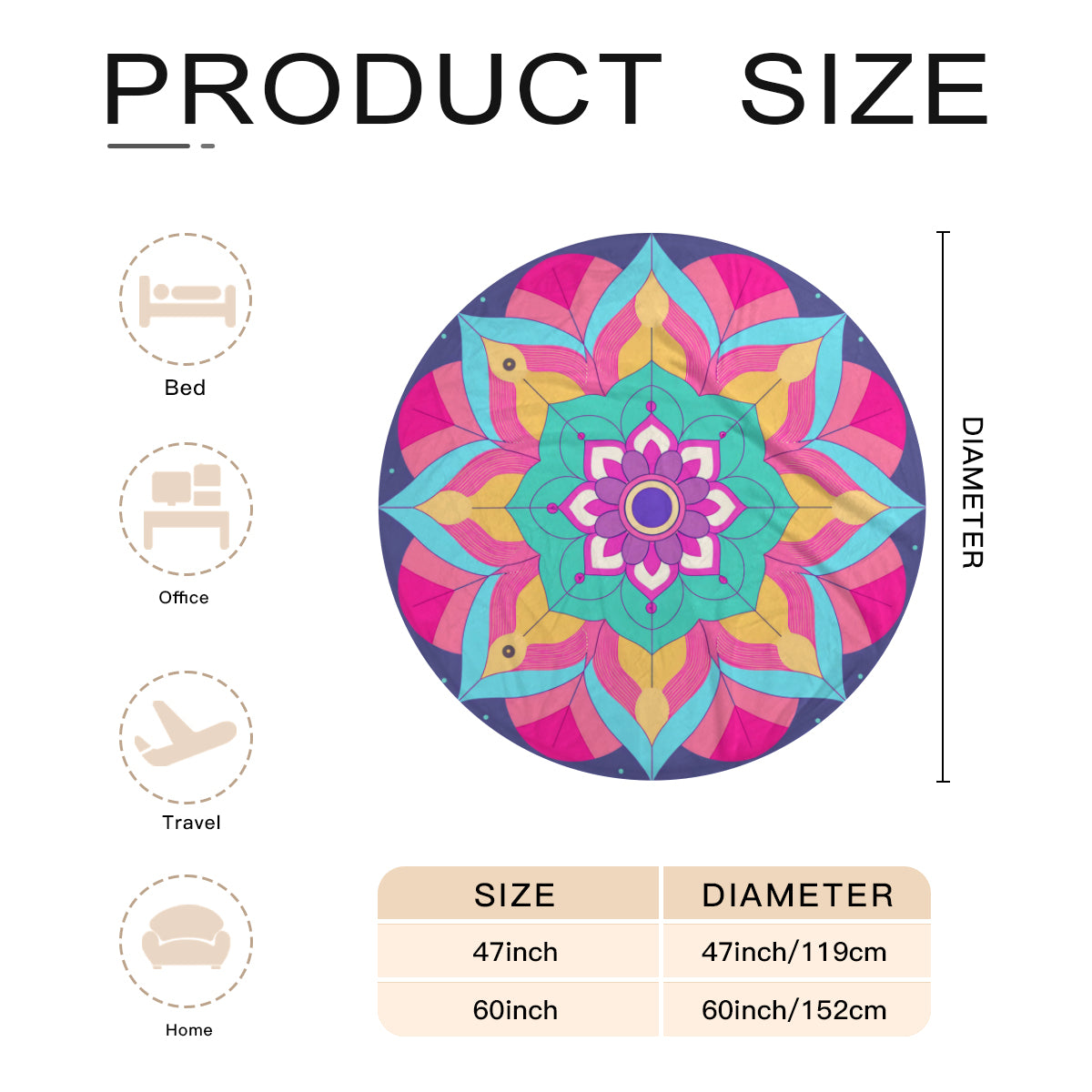 Single-Sided Printed Round Blanket | 280GSM Flannel - 21 - COLORFUL MANDALA