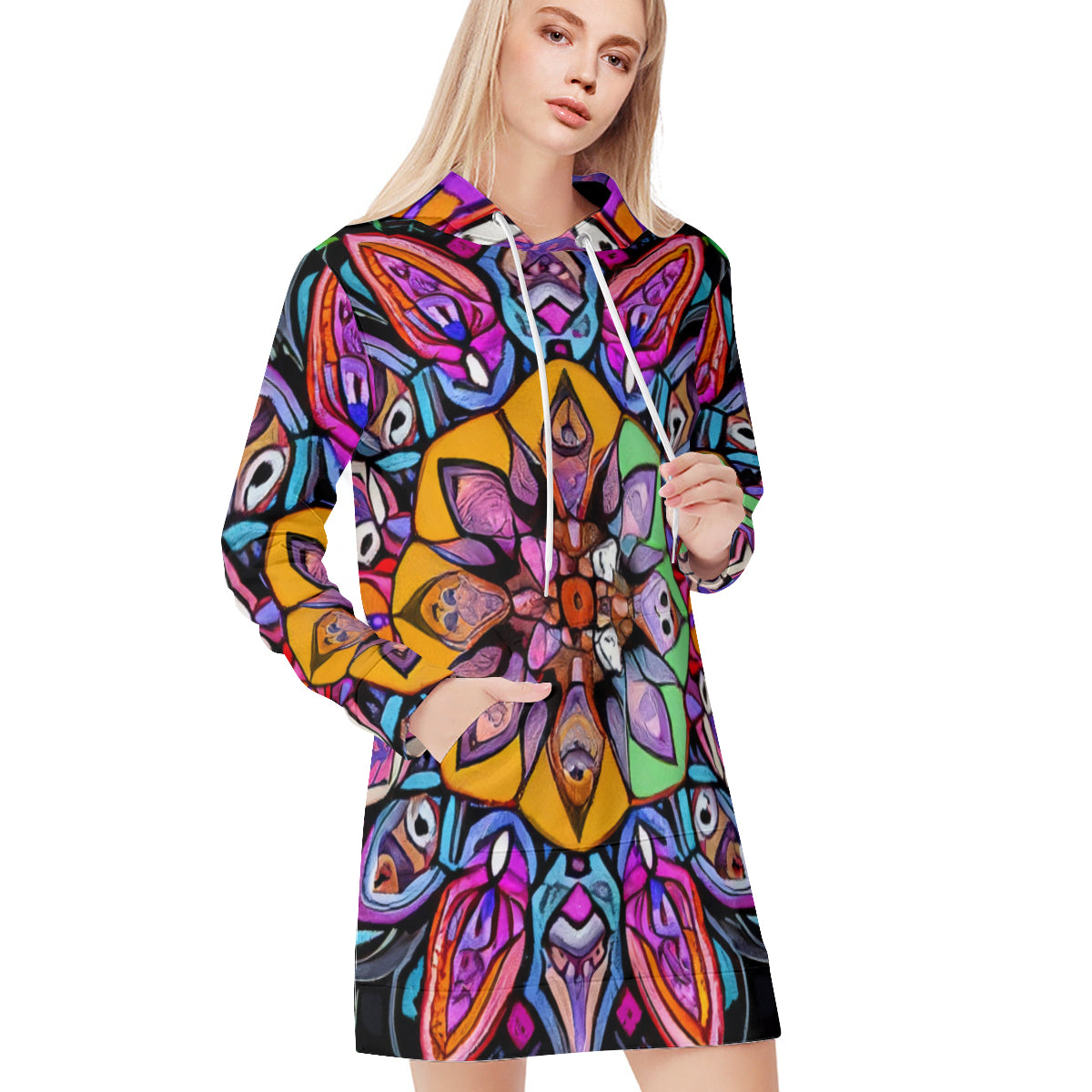 All-Over Print Women Long Sleeve Casual Hoodie Sweatshirt Dress丨 Polyester - 1 - COLORFUL MANDALA