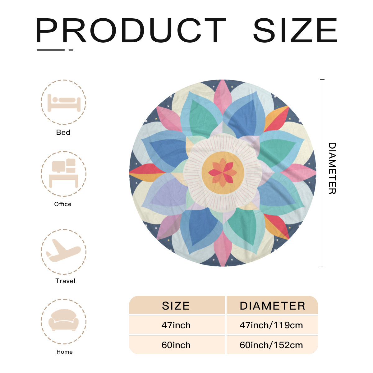 Single-Sided Printed Round Blanket | 280GSM Flannel - 20 - COLORFUL MANDALA