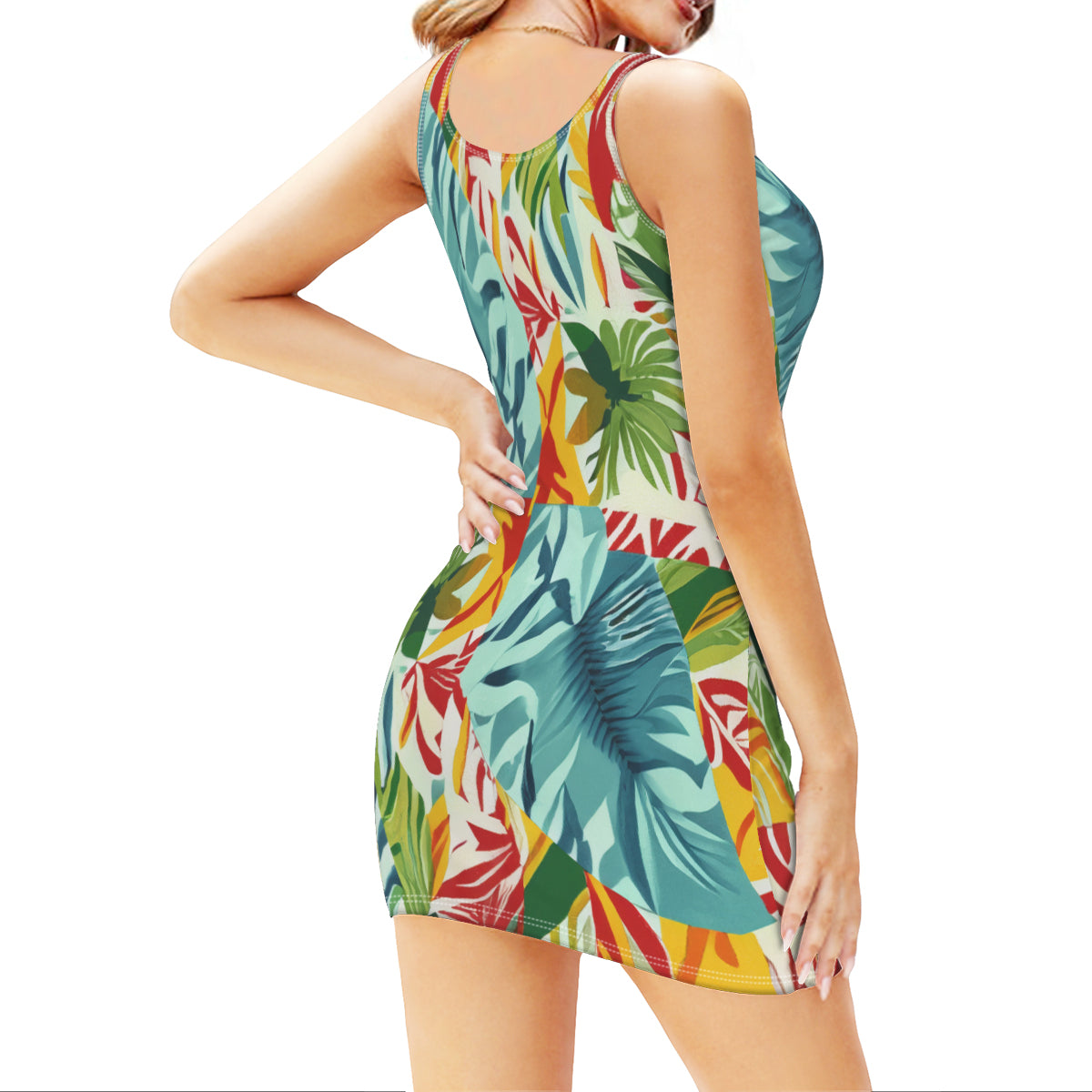 All-Over Print Sleeveless Slim-Fit Tank Top Slip Dress | Polyester - 11 - TROPICAL INSPIRED