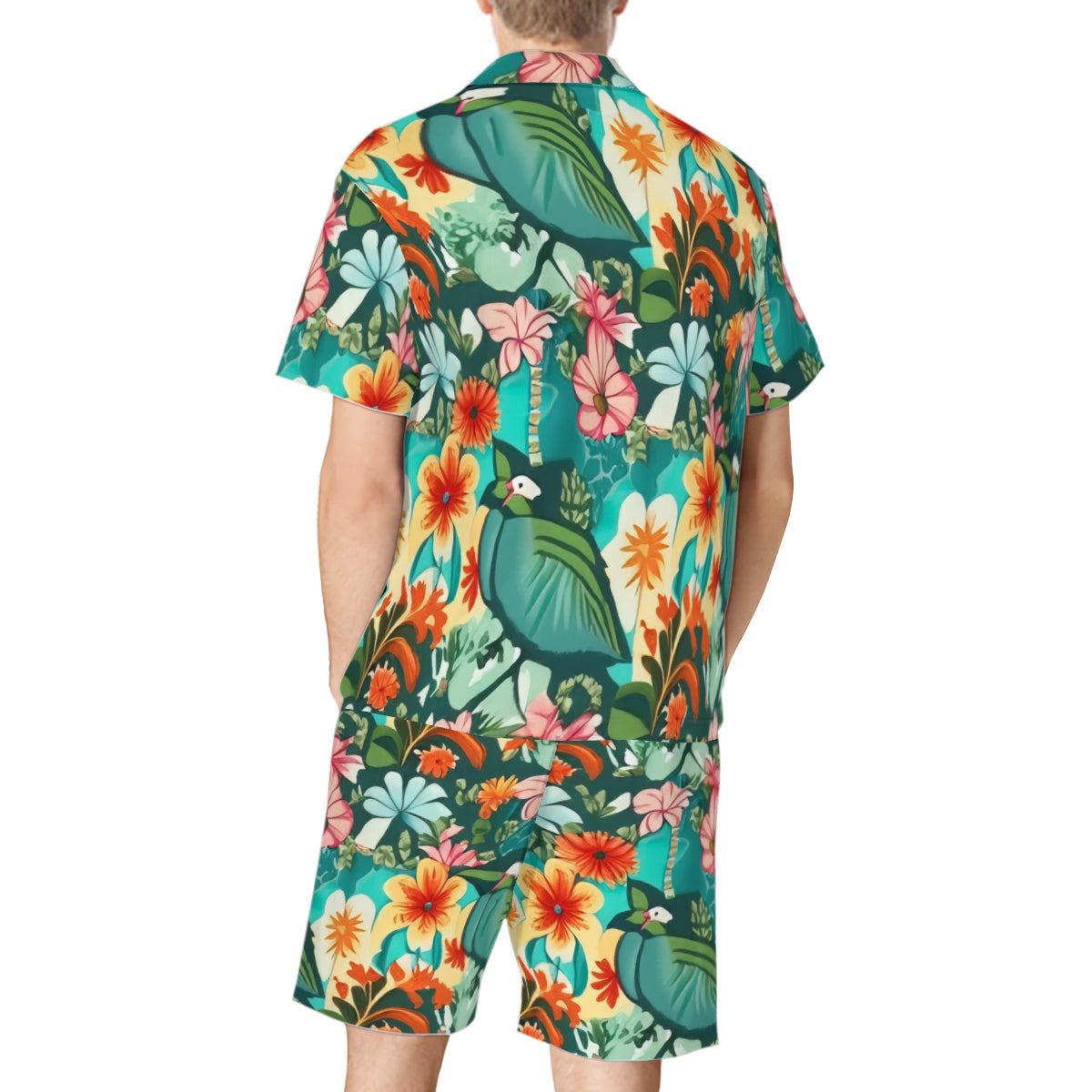 All-Over Print Man's Shirt and Shorts Pajama Set (Multi-faceted Design) | Cotton-Like Polyester - 15 - Abstract Birds