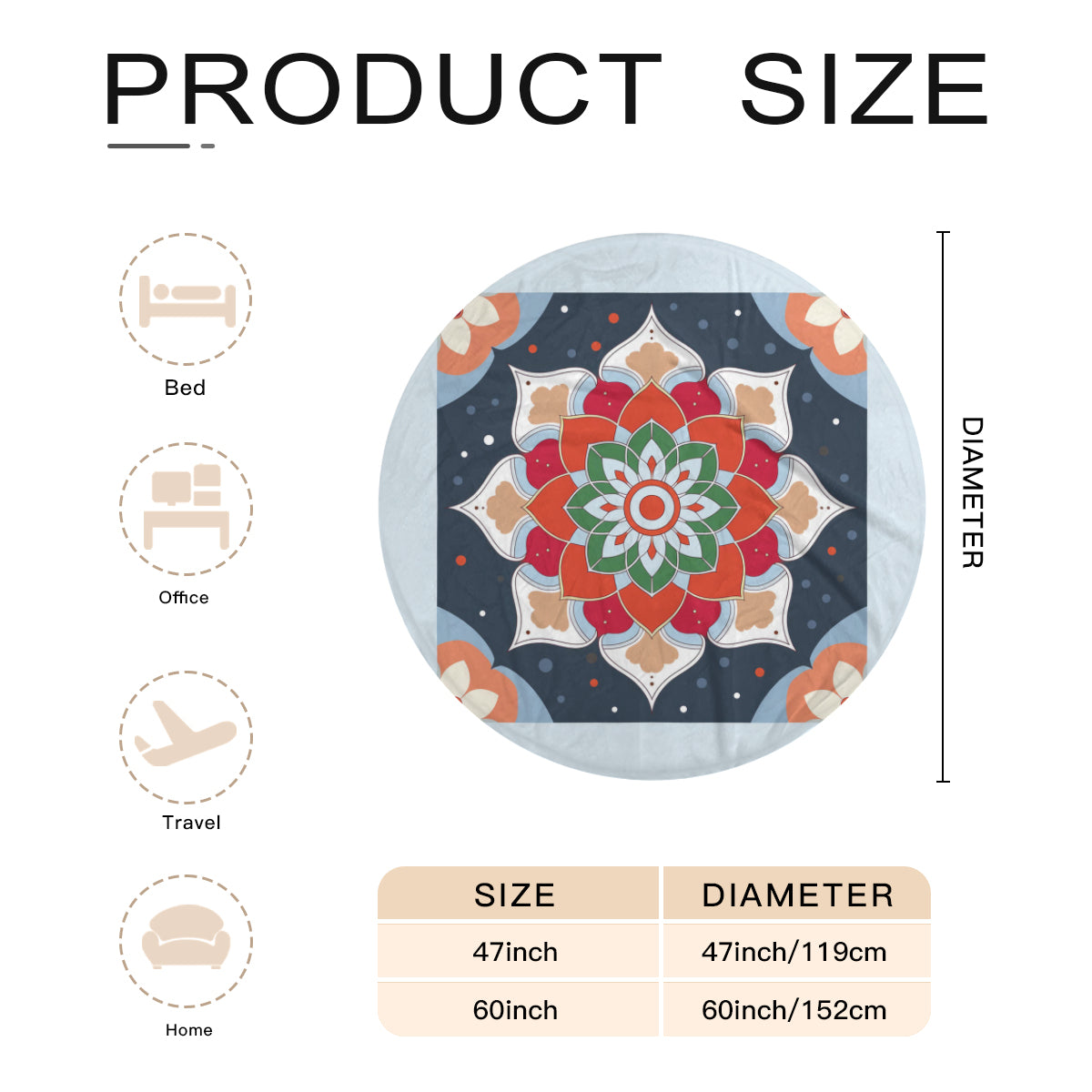 Single-Sided Printed Round Blanket | 280GSM Flannel - 18 - COLORFUL MANDALA