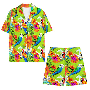 All-Over Print Man's Shirt and Shorts Pajama Set (Multi-faceted Design) | Cotton-Like Polyester - 7 - Abstract Birds