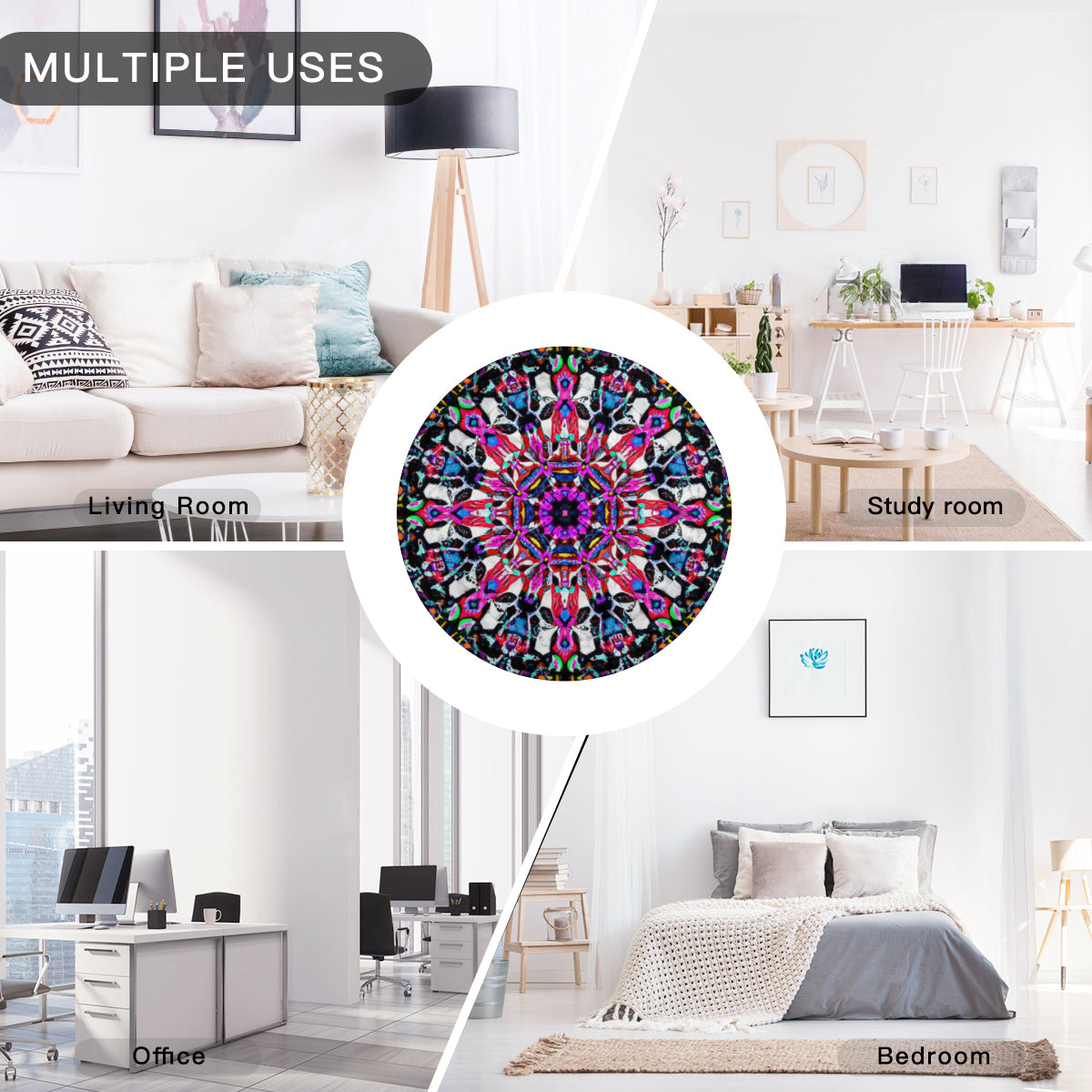 Single-Sided Printed Round Blanket | 280GSM Flannel - 9 - COLORFUL MANDALA